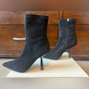 NWT Never worn Black Suede Studio black stretch suede bootie, Size 8/38